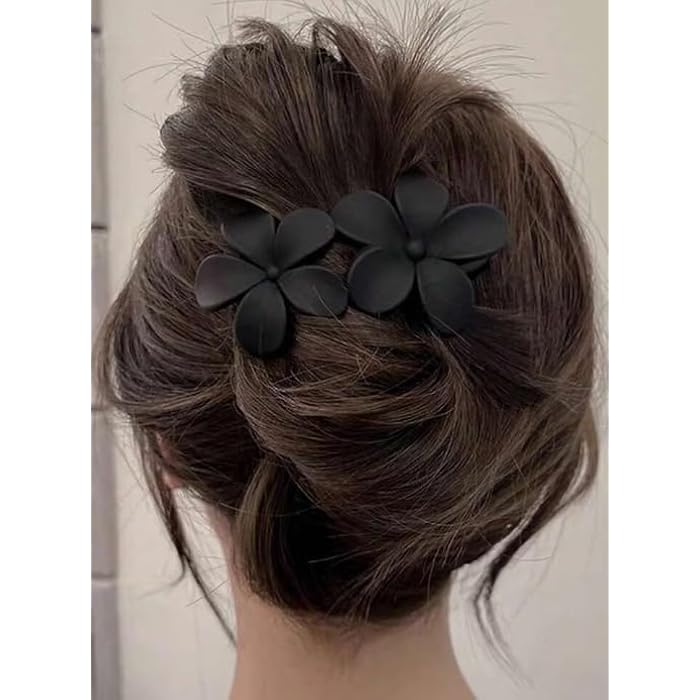 4pc Women's 4.13in/10.5cm Large Black, White, Khaki, Brown Flower Shaped Lightweight Plastic Hair Clips, Fashi Versatile High-End Elegant Simple Minimalist Plain Color Hair Claw - Image 2